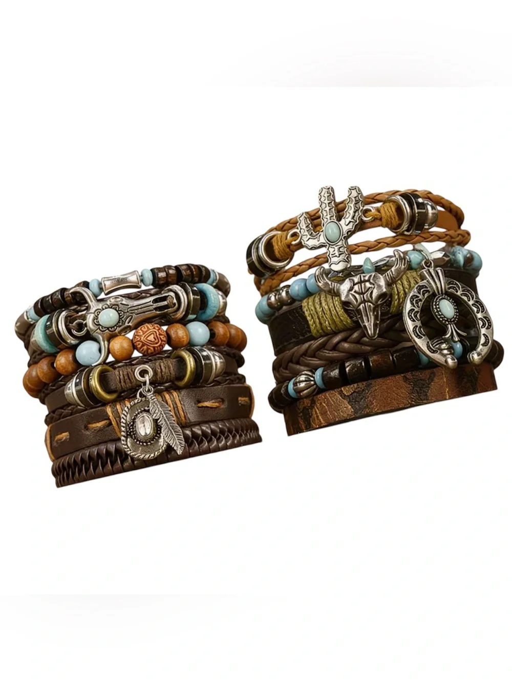 Western Layered Leather & Turquoise Bead Bracelet Stack